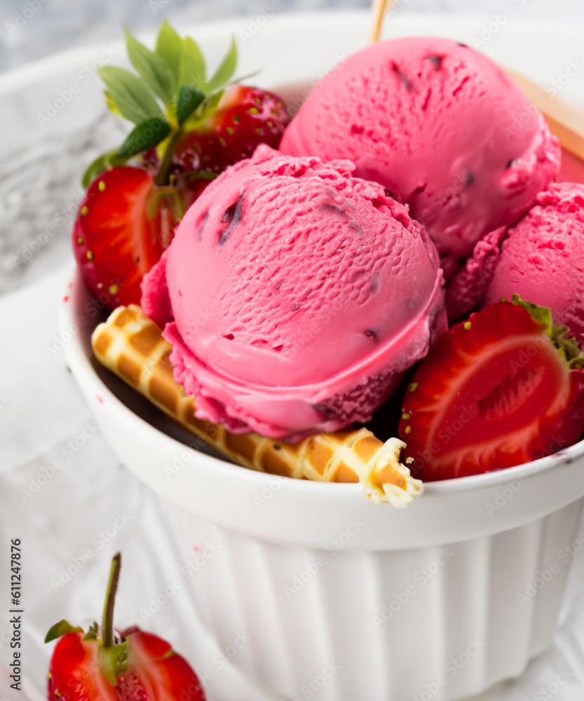 Ice cream scoops with wafer stick in waffle bowl with strawberry, generative AI Ice cream scoops with wafer stick in waffle bowl with strawberry, generative AI