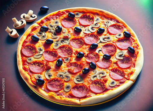 Tasty pepperoni pizza with mushrooms and olives. Generative AI