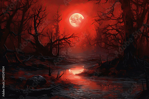 spooky halloween forest at night, moonlight, red sky and dead trees, Generative AI © Dianne