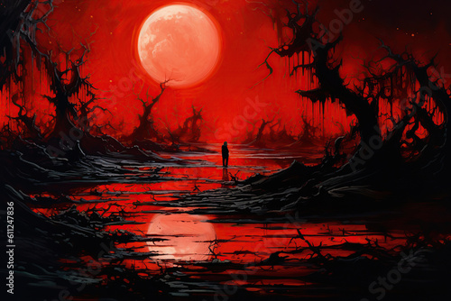 horror halloween background, blood red river and dead trees in a swamp, Generative AI