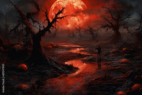 scary halloween banner  red moon and blood river  Generative AI
