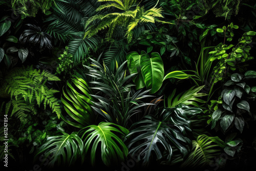 Tropical rainforest foliage plants bushes  ferns  palm  philodendrons  and tropic plants leaves  in tropical garden on black background  green  Generative AI