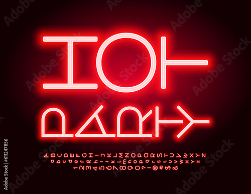 Vector Electric Banner Hot Party. Neon Red Alphabet Letters and Numbers set. Glowing rotated Font