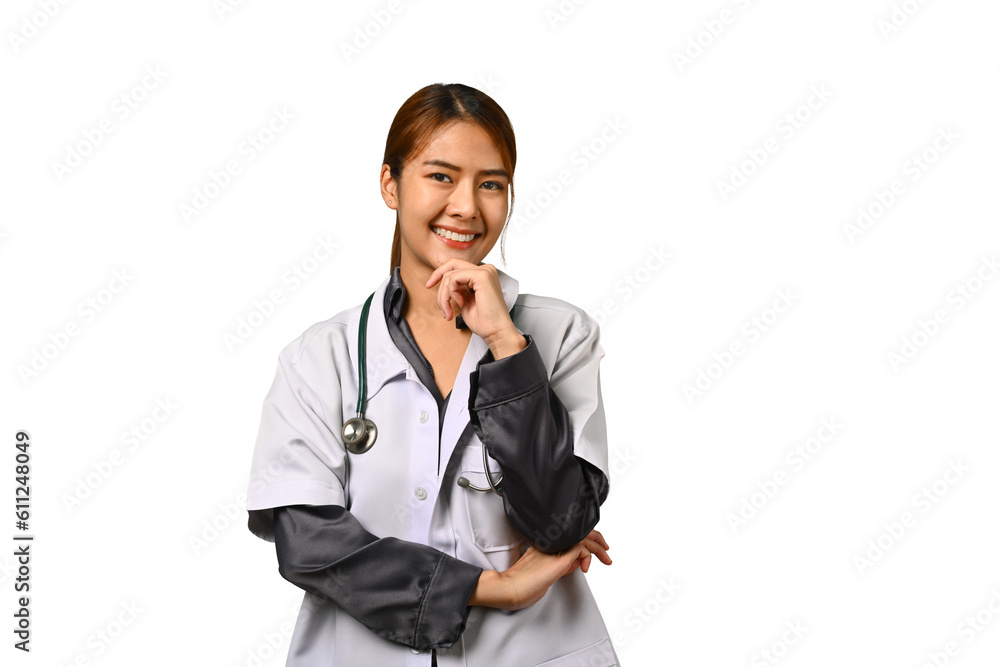 Cheerful young female doctor in white coat with stethoscope smiling at camera isolated on white background. Healthcare concept Cheerful young female doctor in white coat with stethoscope smiling at camera isolated on white background. Healthcare concept