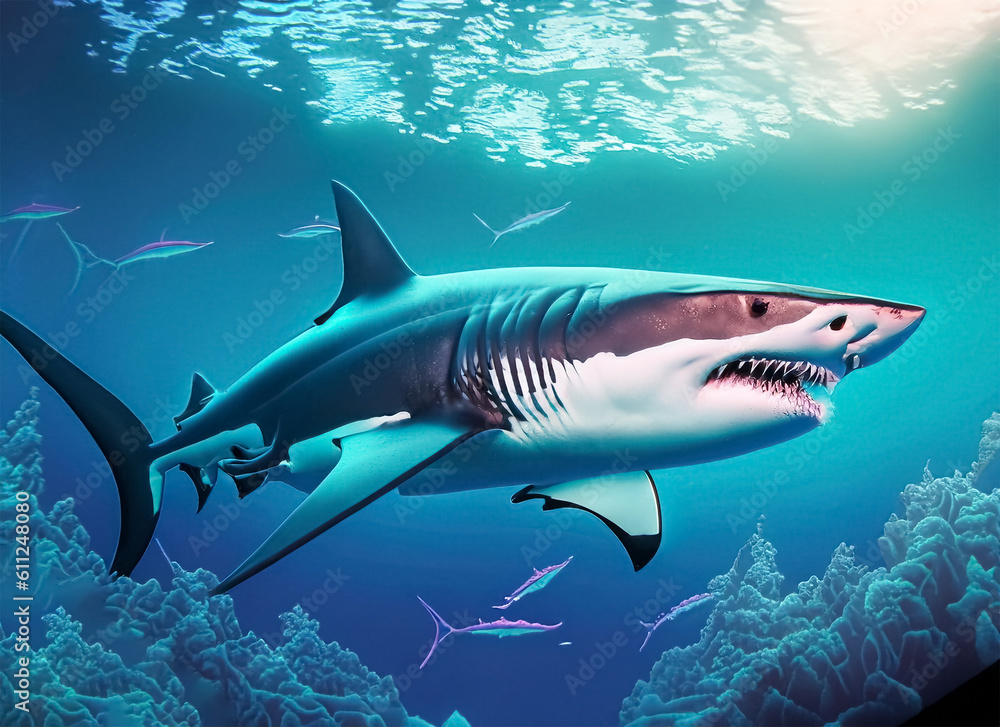 Fototapeta premium White Shark underwater on ocean. Generative AI