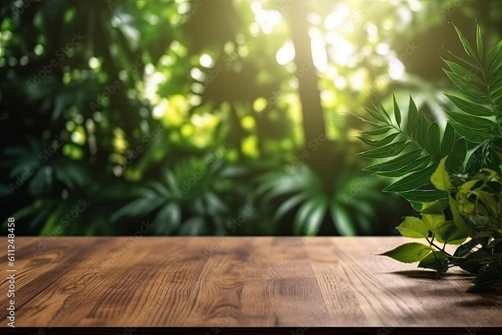 Wood table background with sunlight window create leaf shadow on wall with blur indoor green plant foreground.panoramic banner mockup for display of product,warm tone lights, Generative AI Wood table background with sunlight window create leaf shadow on wall with blur indoor green plant foreground.panoramic banner mockup for display of product,warm tone lights, Generative AI