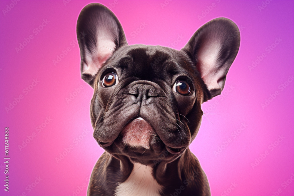 Cute French bulldog portrait on a pink background created with AI generative tools