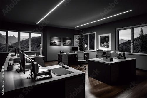  an office with wood desks and glass walls  in the style of high detailed  grey academia  wood  photo-realistic landscapes  vintage minimalism  light silver and light brown