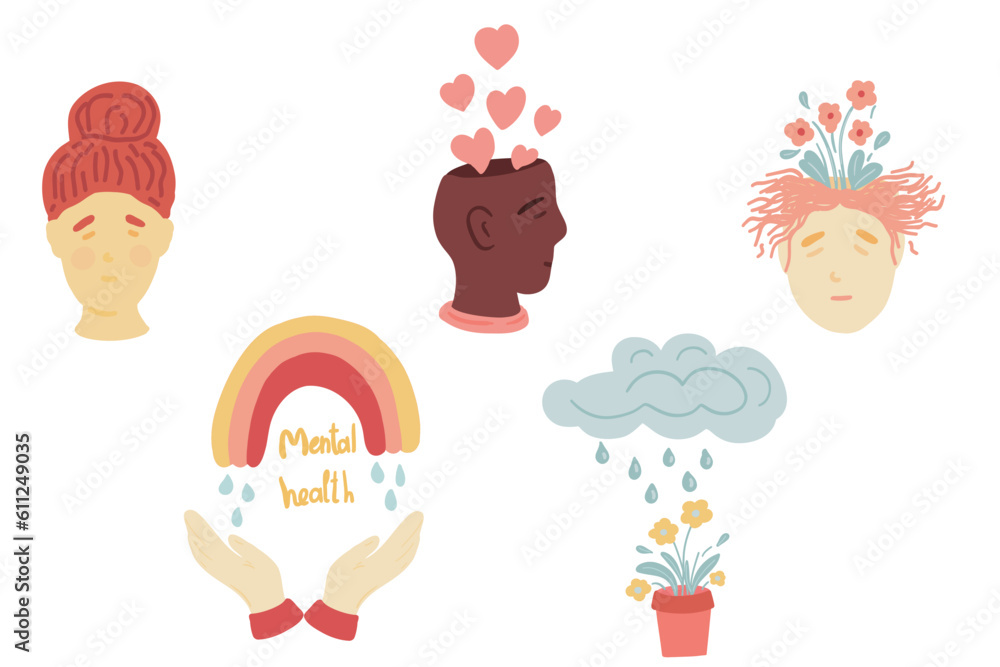 Mental health set cartoons and icons hand drawn Mental health set cartoons and icons hand drawn