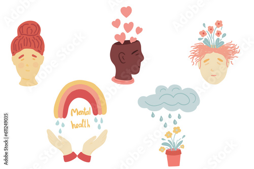 Mental health set cartoons and icons hand drawn