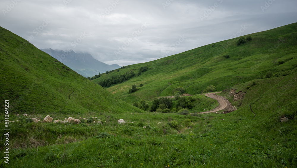 Naklejka premium Beautiful mountainous terrain on a cloudy day. Beautiful spring landscape in the mountains. Grassy field and hills. Green grass and cloudy sky.