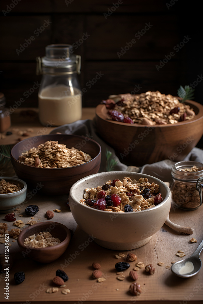 Healthy and tasty home granola. Healthy vegan snack and breakfast. Generated AI Healthy and tasty home granola. Healthy vegan snack and breakfast. Generated AI