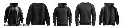 Collection of black sweatshirt mockups, front view, on white background. Generative AI