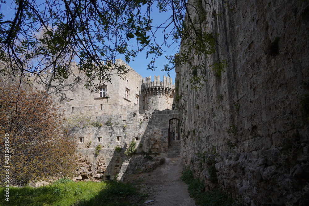 Enormous ancient walls of Rhodes.  Medieval city  in Rhodes town, Greece