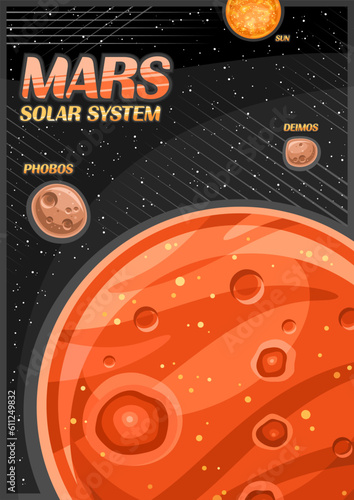 Vector Poster for Mars, vertical banner with illustration of rotating rock satellites around cartoon mars planet on black starry background, decorative a4 cosmo leaflet with words mars - solar system