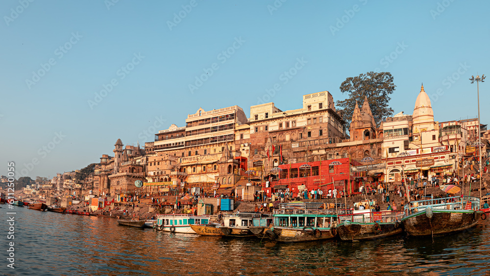 Panorama of the city of Varanasi at dawn. View of Varanasi ghats and boats