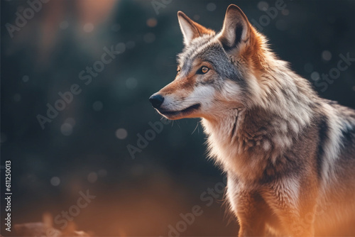 Close up portrait of a wolf in the forest at sunset. Wildlife scene.