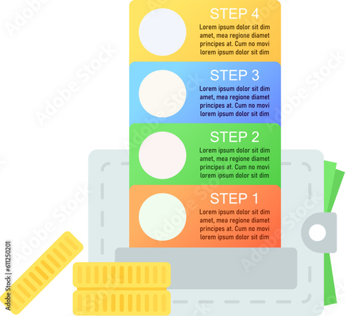 Budgeting infographic chart design template. Saving and rational spending. Abstract vector infochart with blank copy spaces. Instructional graphics with 4 step sequence. Visual data presentation