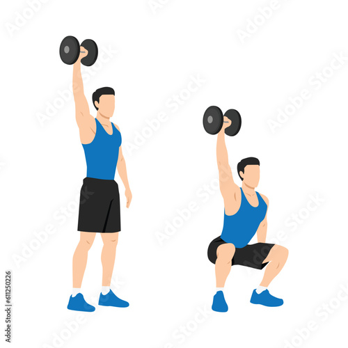 Man doing single or one arm overhead dumbbell squats exercise. Flat vector illustration isolated on white background