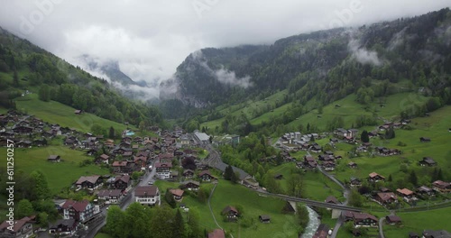 Picturesque Tourist Attraction Town of Lauterbrunnen, Switzerland - Aerial photo
