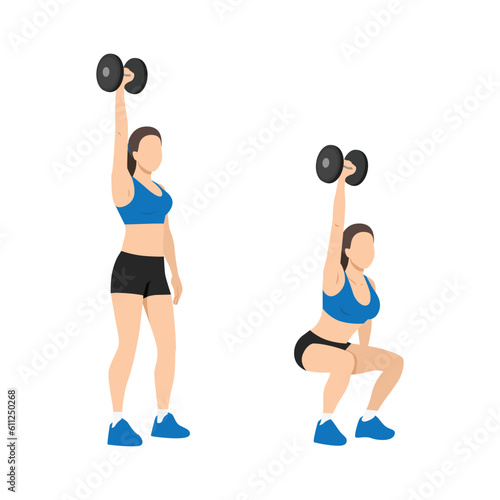 Woman doing single or one arm overhead dumbbell squats exercise. Flat vector illustration isolated on white background