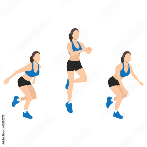 Woman doing single or one leg hops or jumps exercise. Flat vector illustration isolated on white background