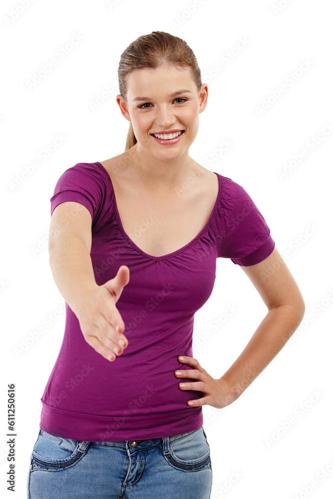 Obraz premium Handshake, hello and portrait of woman with smile on isolated, png and transparent background. Happy, friendly and young female person with shaking hand gesture for introduction, greeting and welcome