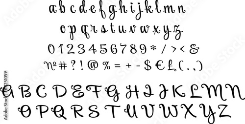 Handwritten script alphabet set. Vector decorative typography. Decorative typeset style. Latin script for headers. Trendy letters and numbers for graphic posters, banners, invitations texts