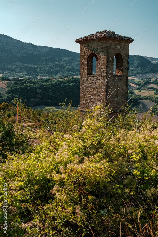 The old medioeval tower of Pietrarubbia's village in the region of Marche in central Italy