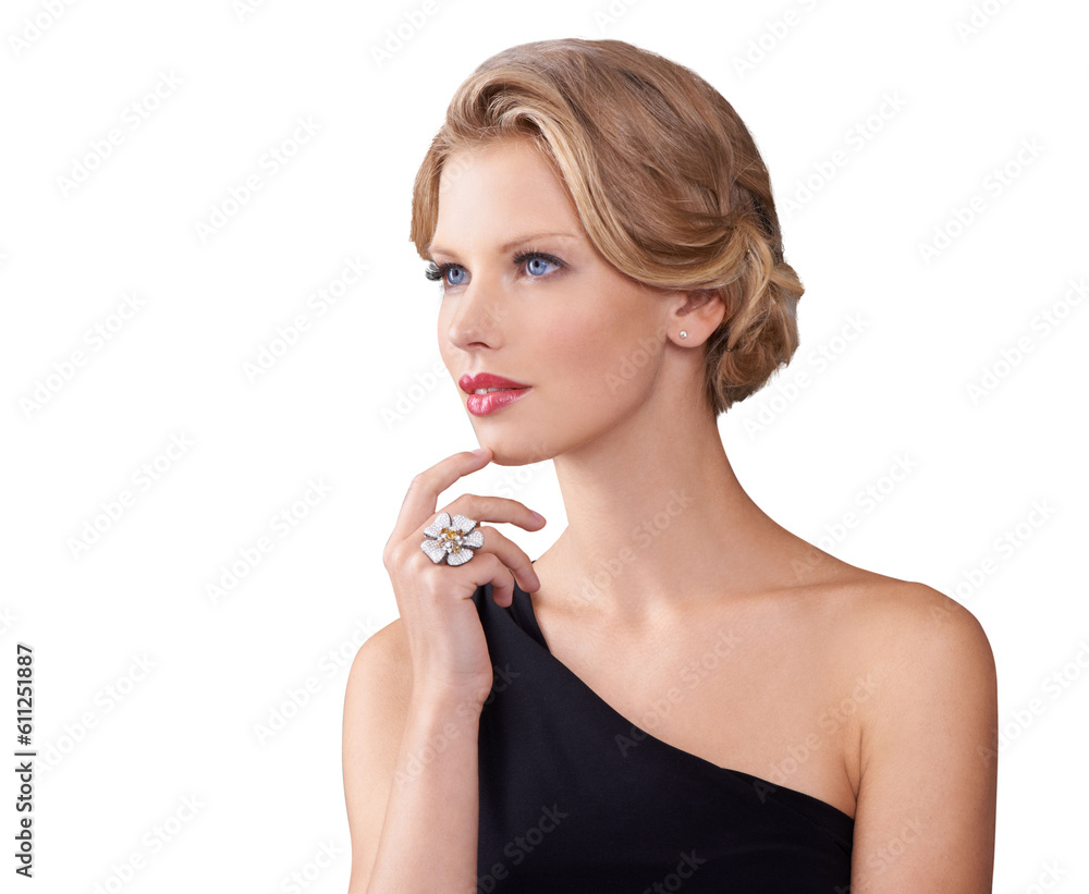 Elegant style, jewellery and face of woman isolated on transparent, png background for gala or prom. Aesthetic female model think of cosmetic makeup, luxury fashion and beauty or hairstyle for event Elegant style, jewellery and face of woman isolated on transparent, png background for gala or prom. Aesthetic female model think of cosmetic makeup, luxury fashion and beauty or hairstyle for event