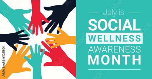 July is Social Wellness Awareness Month. Observed in July. Vector poster banner.