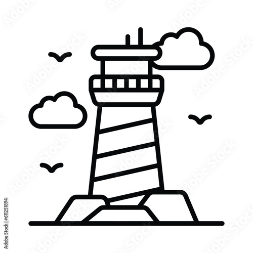 A tower containing a beacon light to warn or guide ships at sea, well designed icon of lighthouse