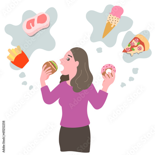 過食症でドーナツとハンバーガーを食べているのに他の食べ物の事を考えている女性と彼女が食べたいと思っている食べ物