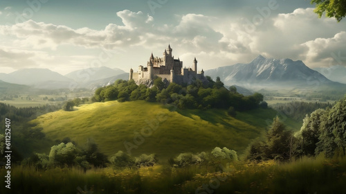 a medieval style castle with green grass, trees, on a mountain horizon. Generative Ai