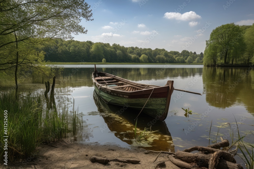 Boat on the shore of a lake in the spring, Poland, yellow boat on the lake at the wooden pier, AI Generated