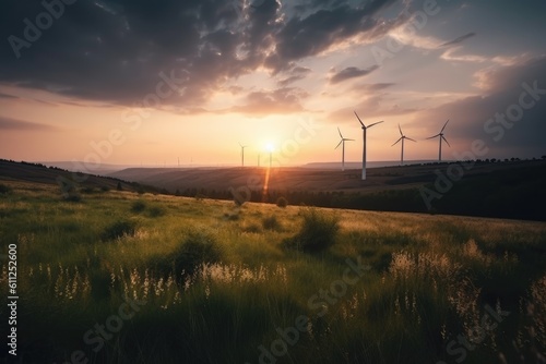 Aerial view of wind turbines at sunset. Alternative energy source. Ecological wind turbines on a green field, AI Generated