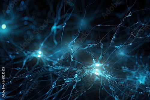 3D rendering of neuron cell or neurons in connection with electrical pulses, electric energy flowing through Neurons cells, AI Generated