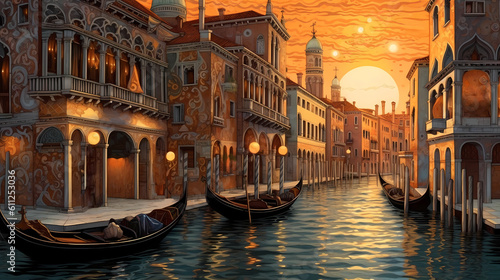 Illustration of the beautiful city of Venice. City of gondoliers, bridges, carnivals and love. Italy © Aleh Varanishcha