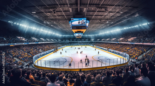 hockey stadium with fans crowd and an empty ice rink. Generative Ai photo