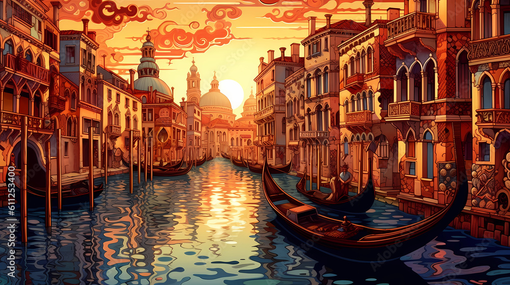 Illustration of the beautiful city of Venice. City of gondoliers, bridges, carnivals and love. Italy