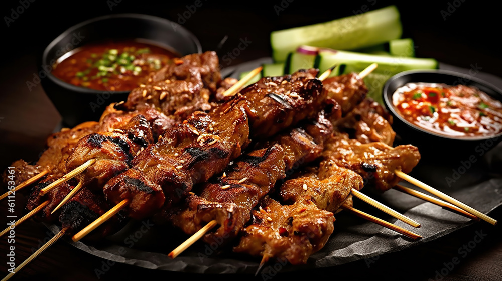 Bbq grilled chicken and beef satay meat stick skewer with cucumber, onion and spicy peanut gravy sauce in dark bar counter background western snack cuisine. Generative Ai