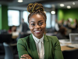 young woman with captivating, radiant features, representing African heritage, aged 32, confidently leading a team meeting in a modern office space, image created using artificial intelligence