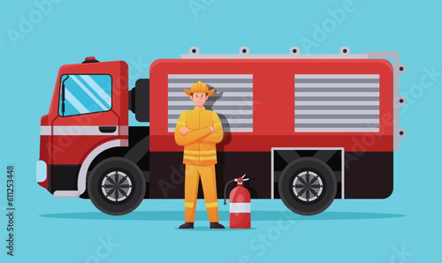 Firefighter character with Fire truck vector illustration