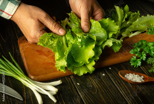 Cooking vegetarian food in the kitchen with lettuce leaves and onions. Male hands sort lettuce leaves on a cutting kitchen board