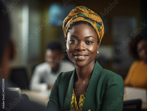 young woman with captivating, radiant features, representing African heritage, aged 32, confidently leading a team meeting in a modern office space, image created using artificial intelligence photo