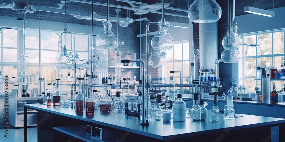 AI Generated. AI Generative. Photo illustration of medicine chemistry research laboratory. Glassware, microscope and many toold equipment. Graphic Art