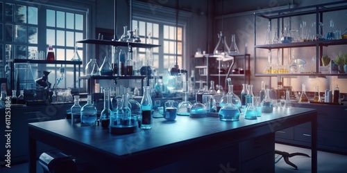 AI Generated. AI Generative. Photo illustration of medicine chemistry research laboratory. Glassware, microscope and many toold equipment. Graphic Art © AkimD