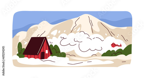 Snow avalanche from mountain in winter. Natural disaster, cold nature landscape. Snowslide cataclysm, dangerous calamity, devastation, destruction at wintertime. Flat vector illustration