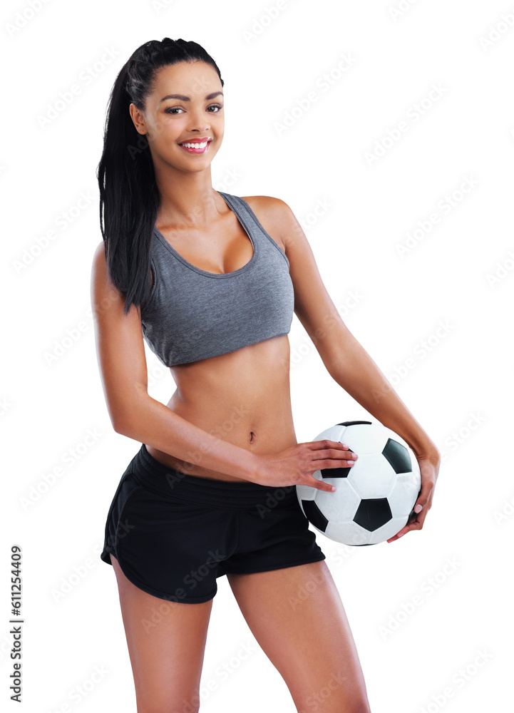 Training, soccer ball and portrait of happy woman with healthy lifestyle on isolated, transparent and png background. Sport, face and female football player smile for fitness, exercise or workout Training, soccer ball and portrait of happy woman with healthy lifestyle on isolated, transparent and png background. Sport, face and female football player smile for fitness, exercise or workout