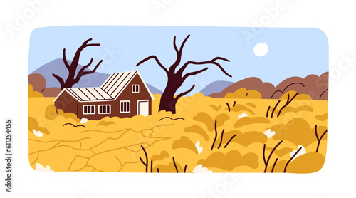 Drought, heat, summer landscape. Hot weather, dry plants, dead trees on farm field, deserted agriculture farmland. Natural disaster, ecology crisis, waterless scenery. Flat vector illustration